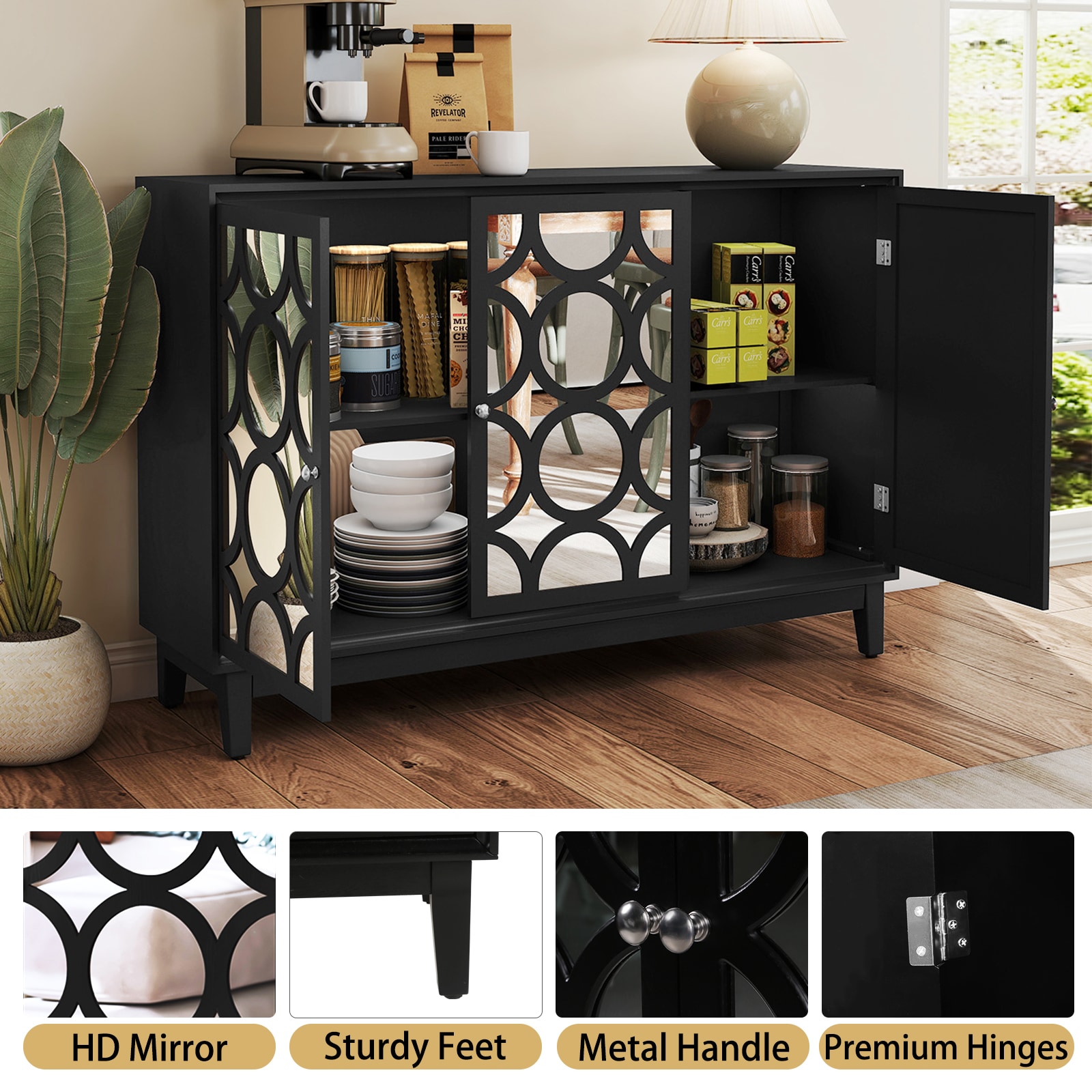 Sideboard Cabinet With 3 Mirror Doors, Modern Buffet Cabinet With Storage, Accent Storage Cabinet For Living Room, Dining Room, Entryway, Black_voghion.com